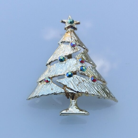 Gold Christmas Tree Pin Brooch with Green & Red Aurora Borealis Crystals - Picture 7 of 14